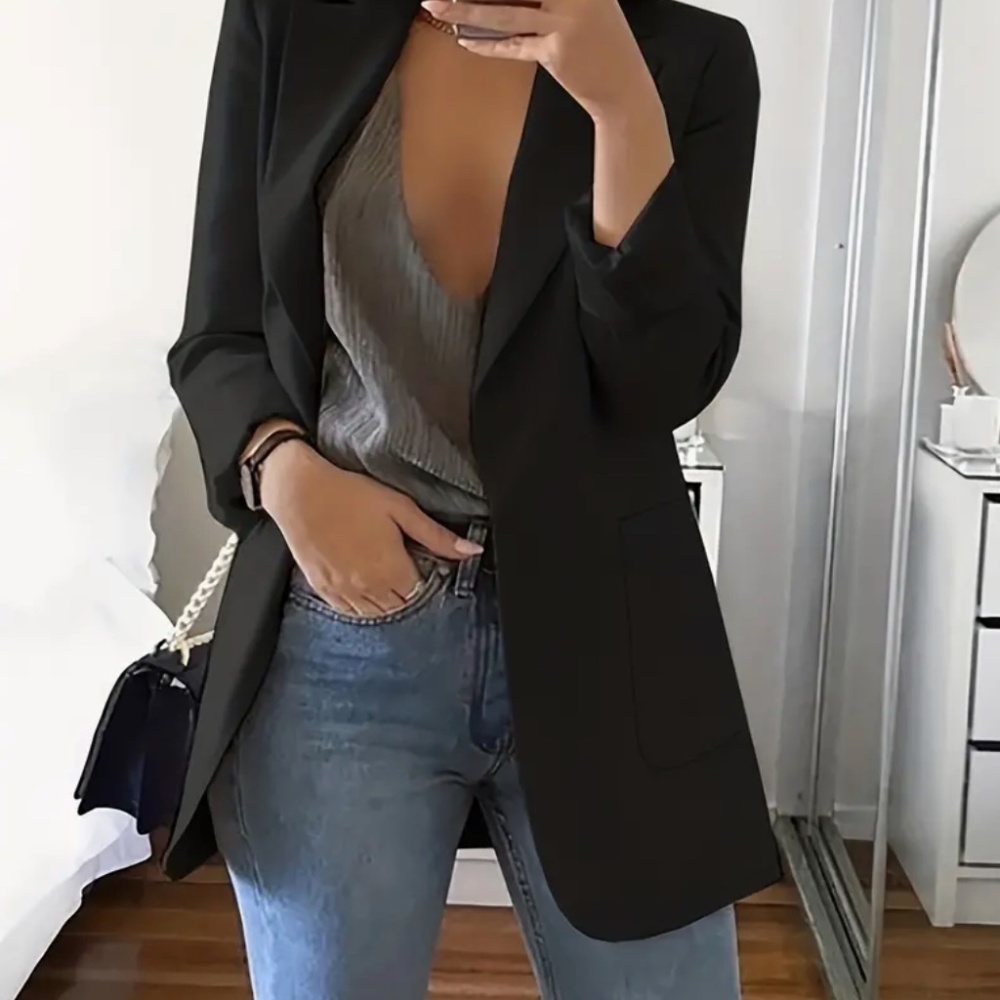 Solid Lapel Blazer, Casual Long Sleeve Open Front Work Office Outerwear